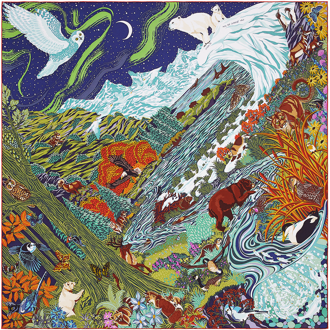 Carré "Into The Canadian Wild" pour Evergreen Canada. Dessin de Alice Shirley. Carré "Les ailes de la soie" pour Handicap International